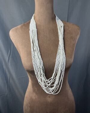 Vintage 1970s Boho White Glass Seed Bead Multi Strand Statement Bib Necklace